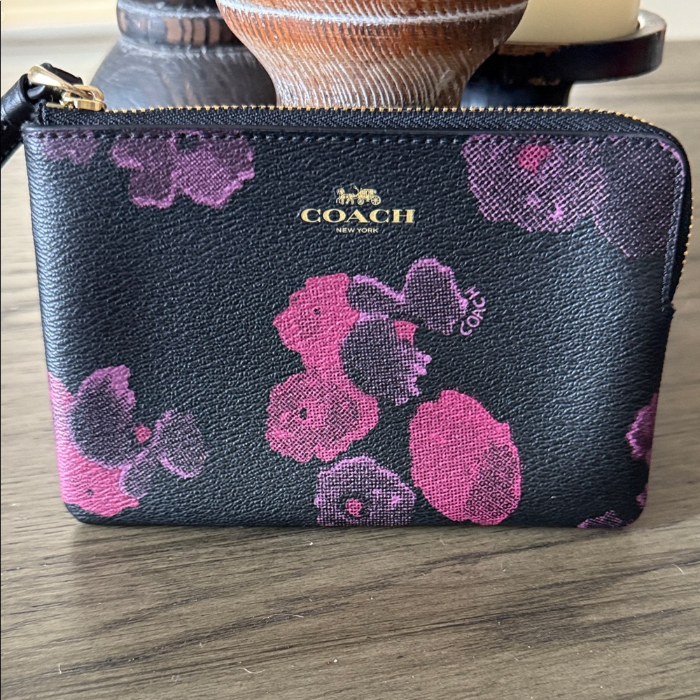 Coach Black and Purple Floral Wristlet